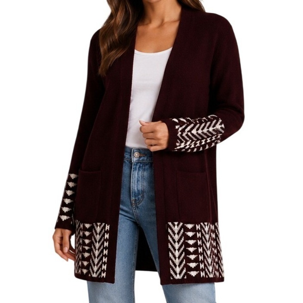 Frye Burgundy Geometric Open Front Longline Cardigan Sweater Women's Medium
